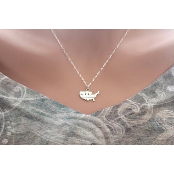 Sterling Silver United States Charm Necklace with Stars and Stripes - Picture 2 of 3